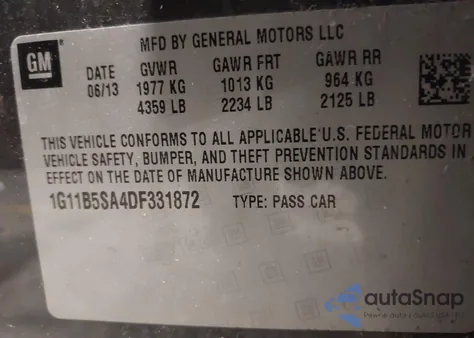 2013 Chevrolet Malibu 1Ls z USA, uszkodzony, nr VIN 1G11B5SA4DF331872